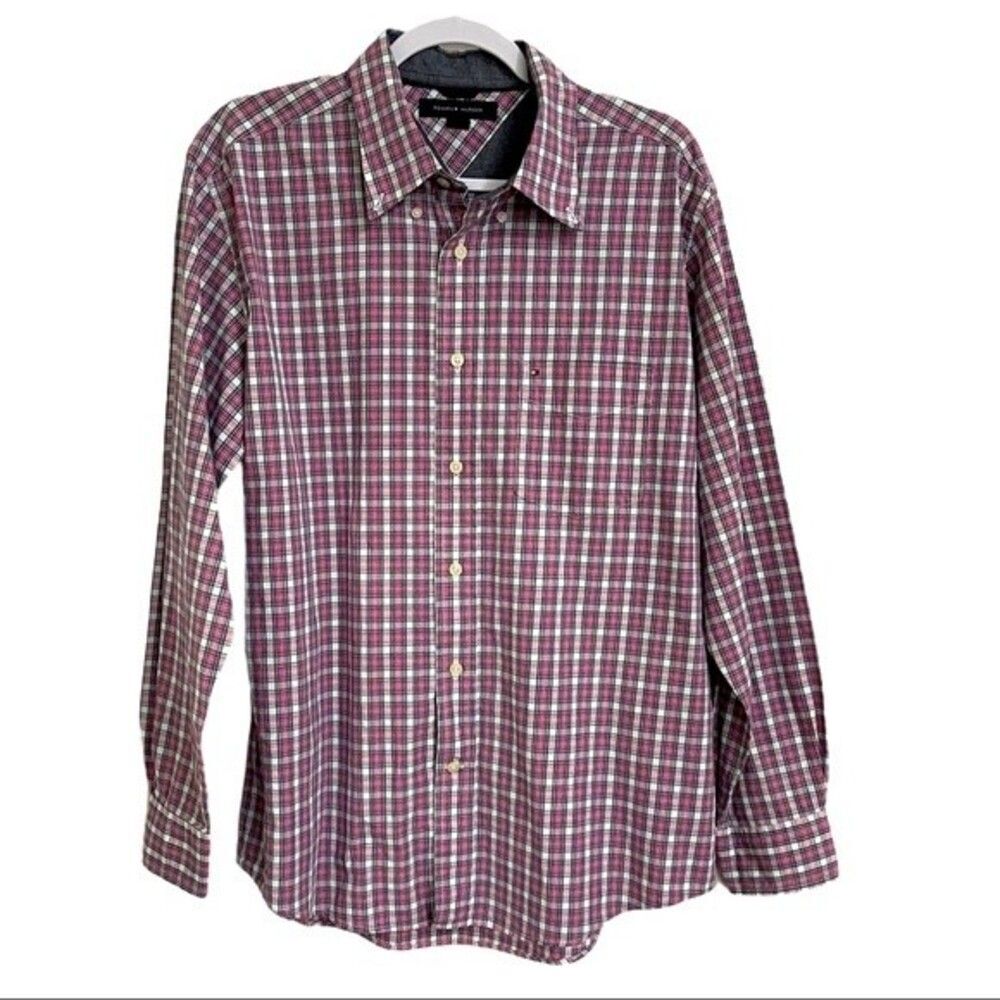 Tommy Hilfiger Plaid Shirt 100% Cotton Preppy Office Business Casual Men L